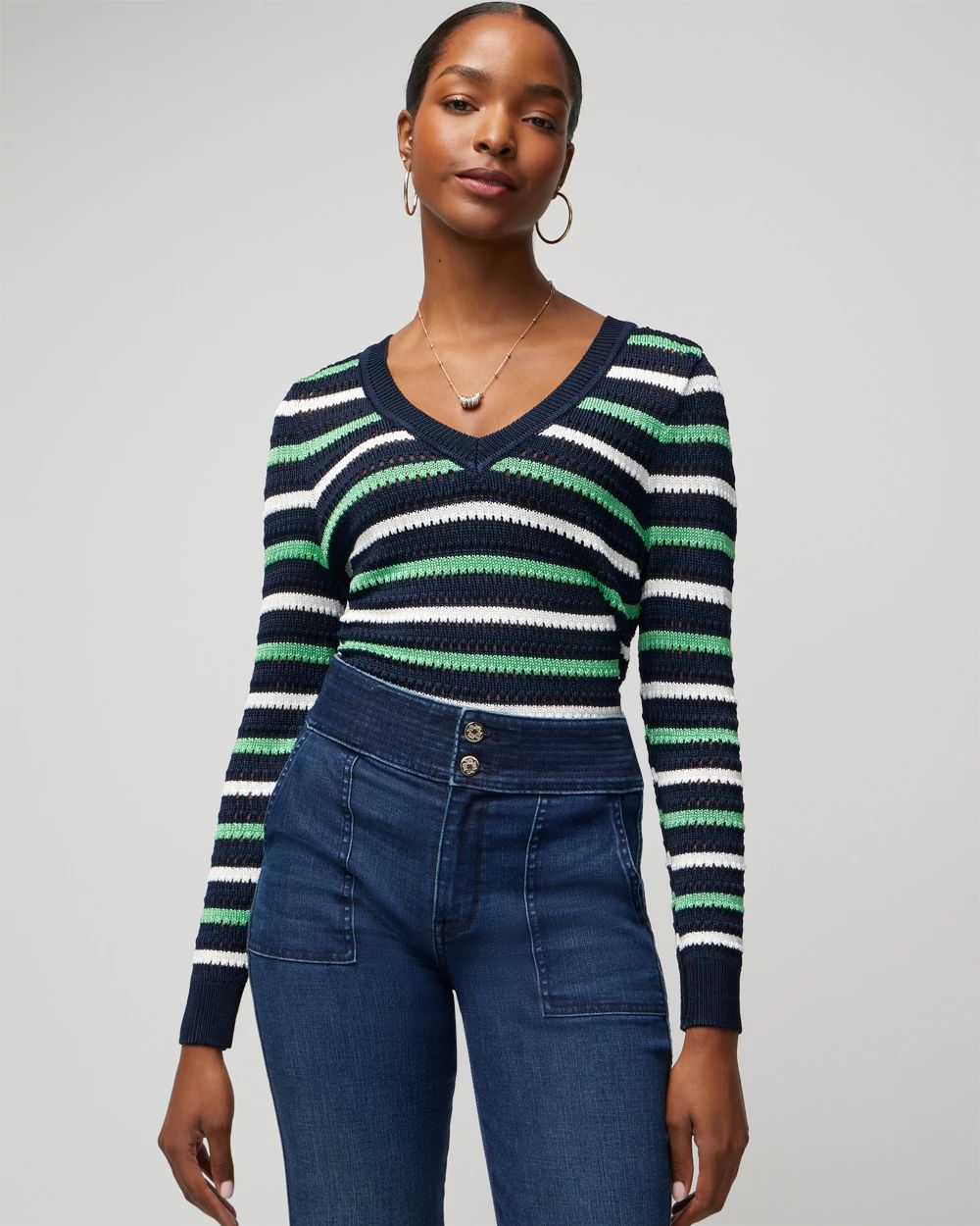 Long Sleeve Stripe V Neck Pullover Sweater